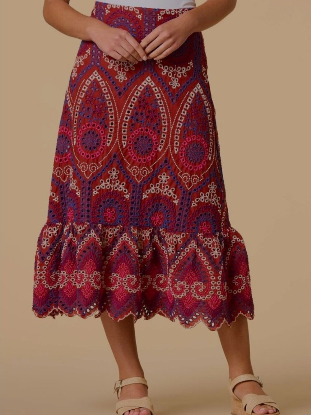 Fall Eyelet Embroidered Midi Skirt